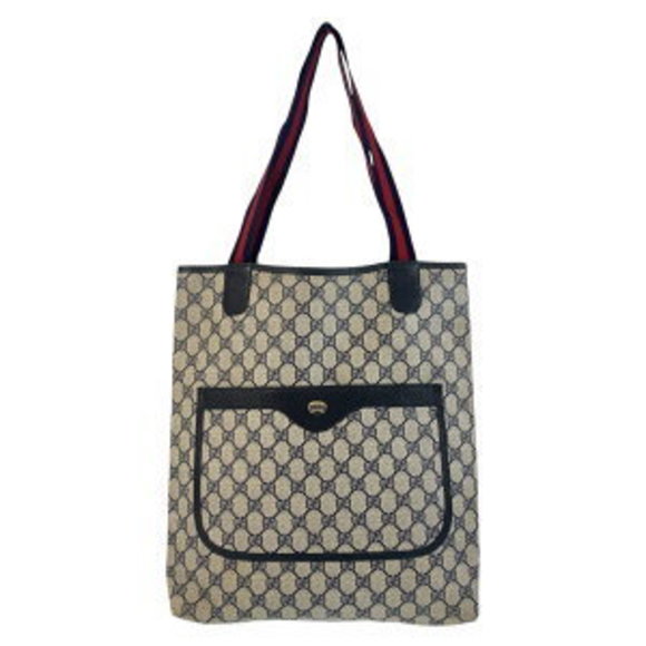 GUCCI Sherry Line Grey Navy Blue GG Supreme Canvas Tote Bag - Picture 1 of 9